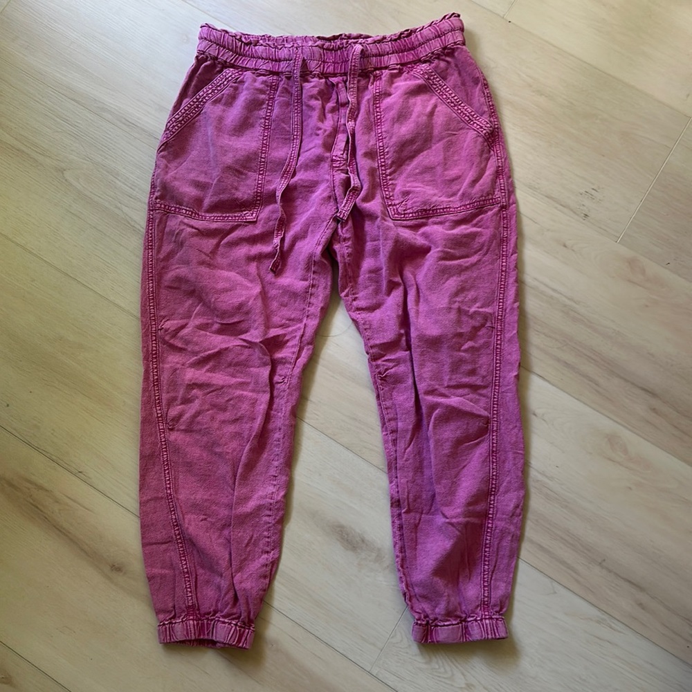 Anthropologie Rhys Midrise Drawstring Linen-Blend Pink Utility Jogger Pants L